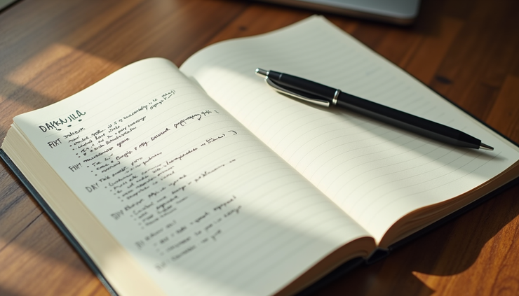High angle view of a journal open with handwritten manifestation goals and a pen resting on a wooden desk