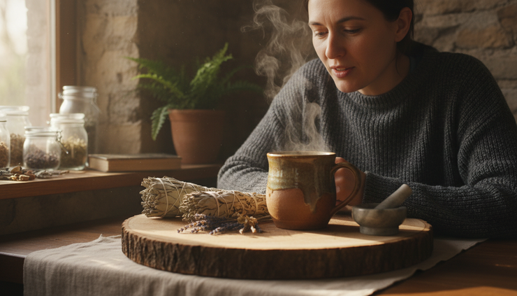 Eye-level view of a person speaking softly over a steaming mug.