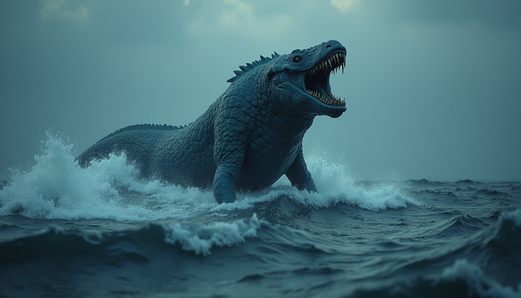 Eye-level view of a large sea creature sculpture emerging from dark ocean waves