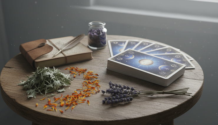 Eye-level view of a tarot deck beside mugwort and marigold petals.