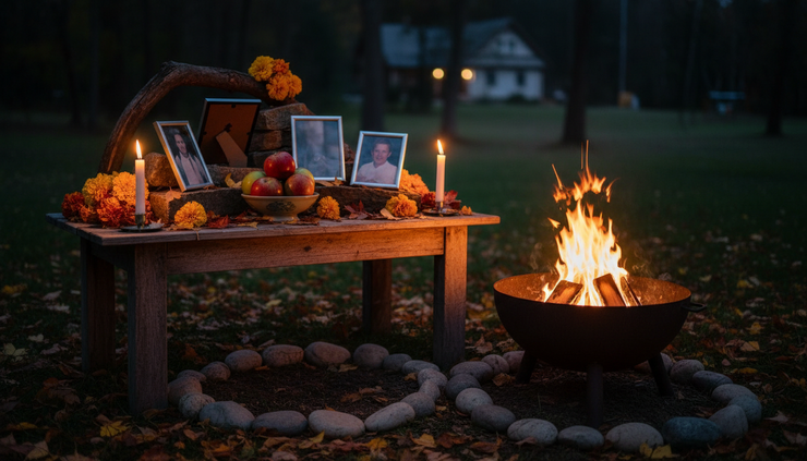 Eye-level view of a small ancestor altar beside a fire bowl outdoors.
