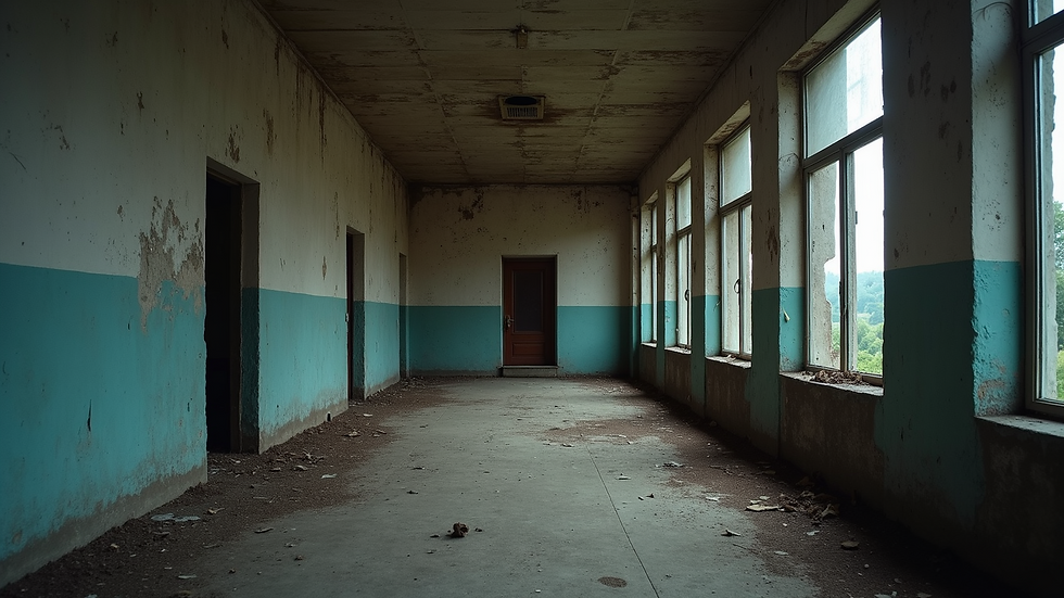 Eye-level view of an abandoned old building with an eerie atmosphere