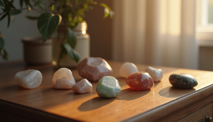 Close-up view of a bedside table with protective stones arranged neatly