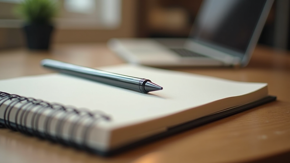 Eye-level view of a journal and pen on a wooden table