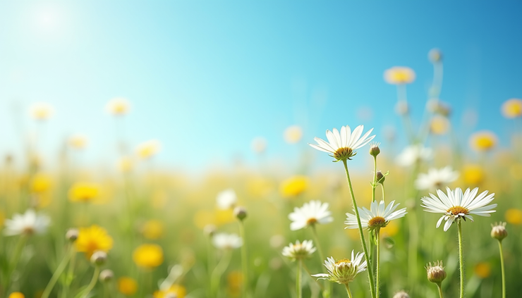 Eye-level view of a sunlit open field with wildflowers swaying gently in the breeze
