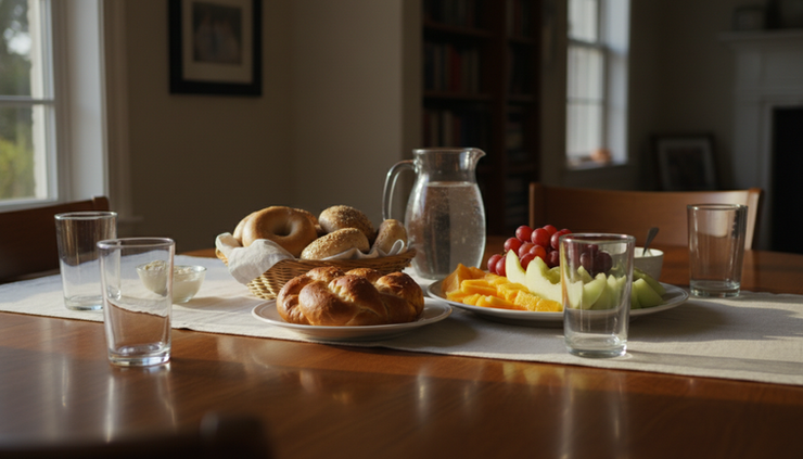 Wide-angle view of a simple table set for a break-fast meal at home.