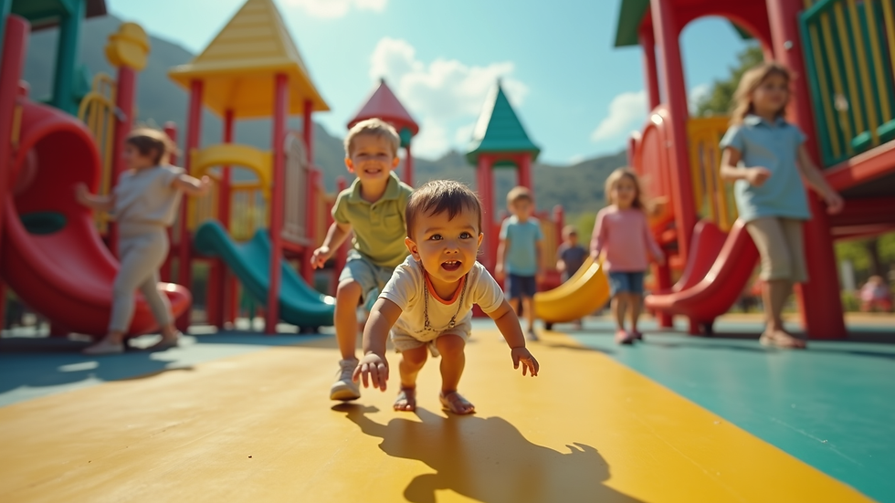 Eye-level view of a colorful playground filled with children playing