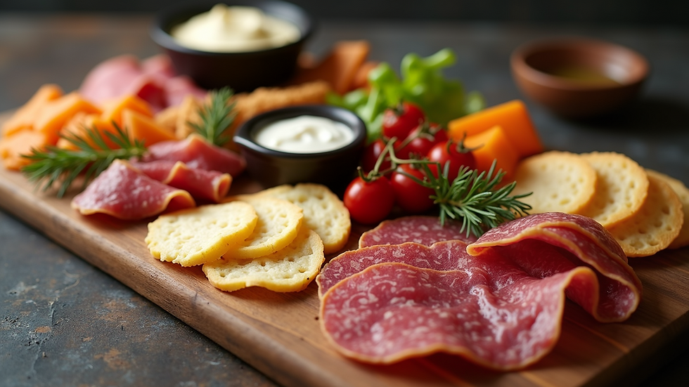 High-angle view of a charcuterie board with dips and sides