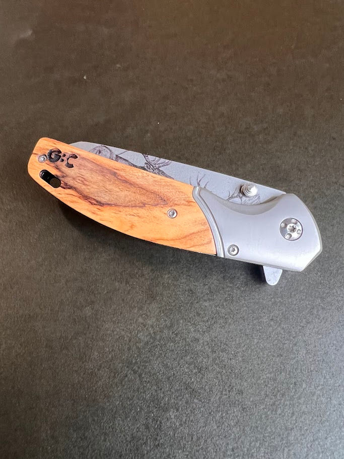 Thumbnail: GBC Folding Pocket Knife – Olivewood Handle with Etched Deer Design | 3¾" Blade