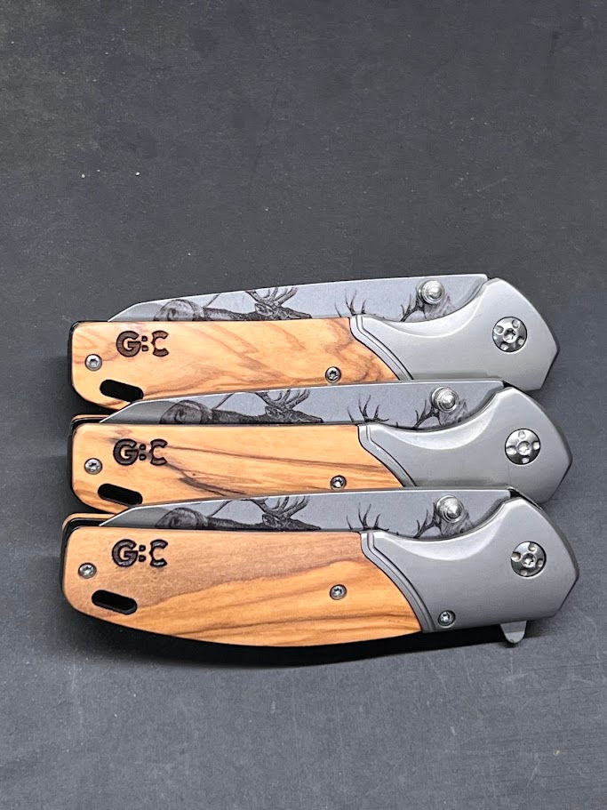 Thumbnail: GBC Folding Pocket Knife – Olivewood Handle with Etched Deer Design | 3¾" Blade
