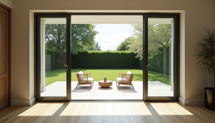 Eye-level view of modern sliding patio doors opening to a sunny backyard