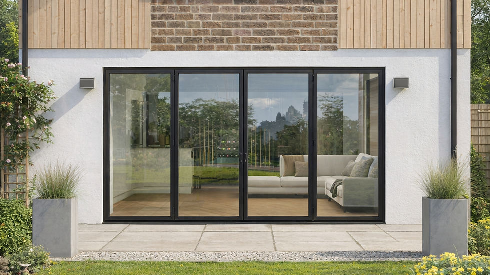 Eye-level view of aluminium bifold doors opening to a garden