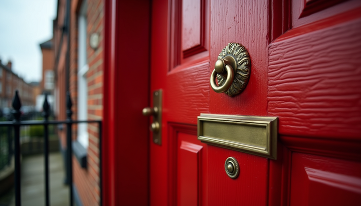 Eye-level view of a traditional red front door with brass knocker and letterbox on a Victorian terrace house