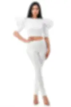Thumbnail: PU Leather Puff Short Sleeve Crop Top & Pants Set