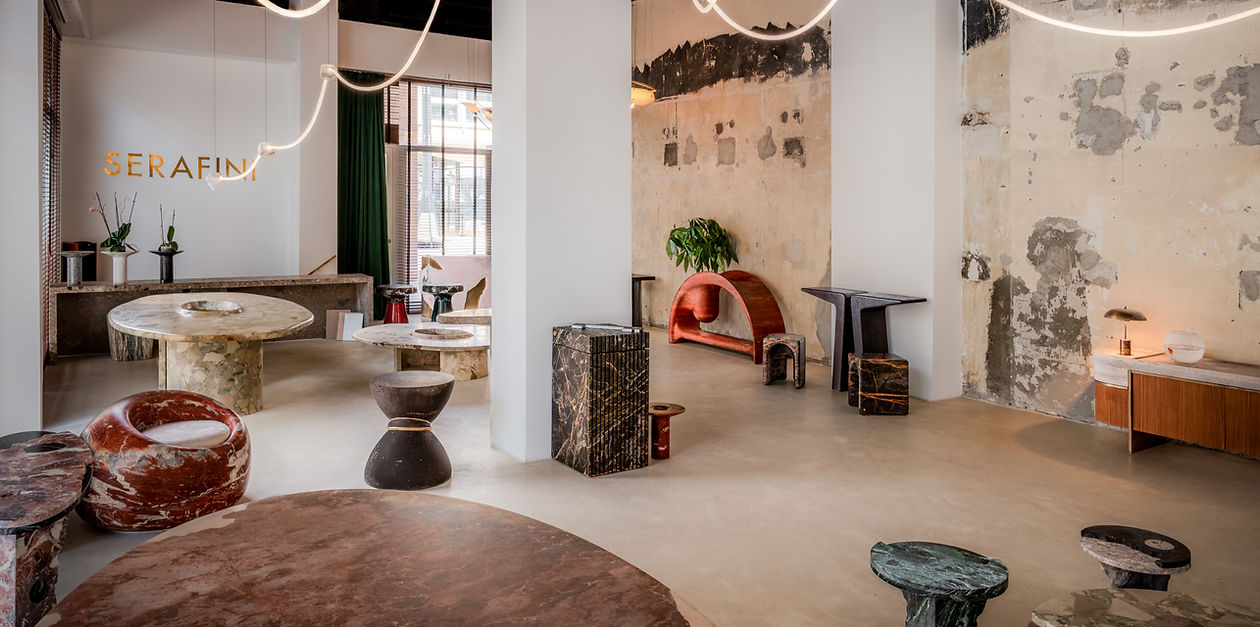 Serafini Gallery Milano showroom, marble design products made in Italy