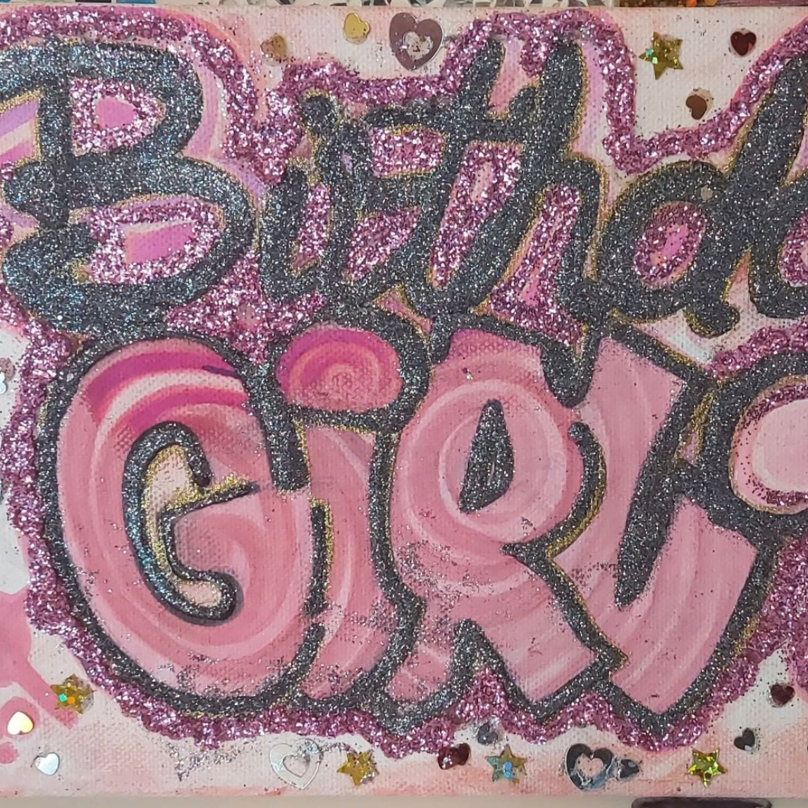 Birthday Girl Medium: Acrylics, Colored Acrylic Paint Pens & Glitter on Canvas