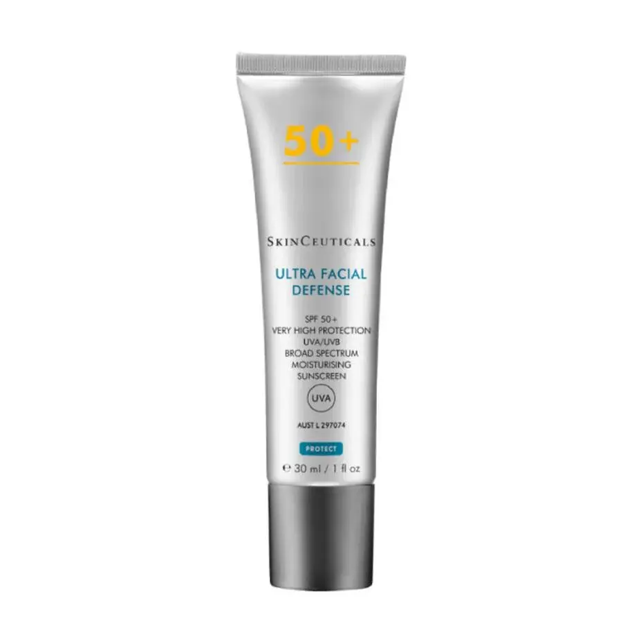 Skinceuticals SPF tube in beach bag with hat and sunnies.