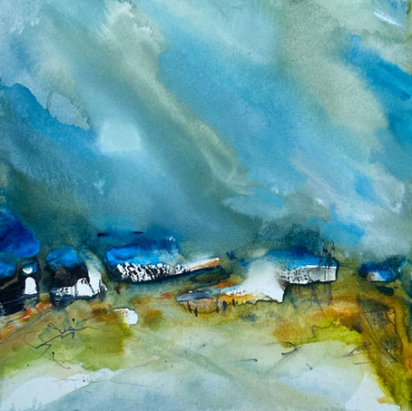 Dramatic abstracted Icelandic landscape in cool blues and accents of warm golds and greens depicting the rugged terrain of the north.