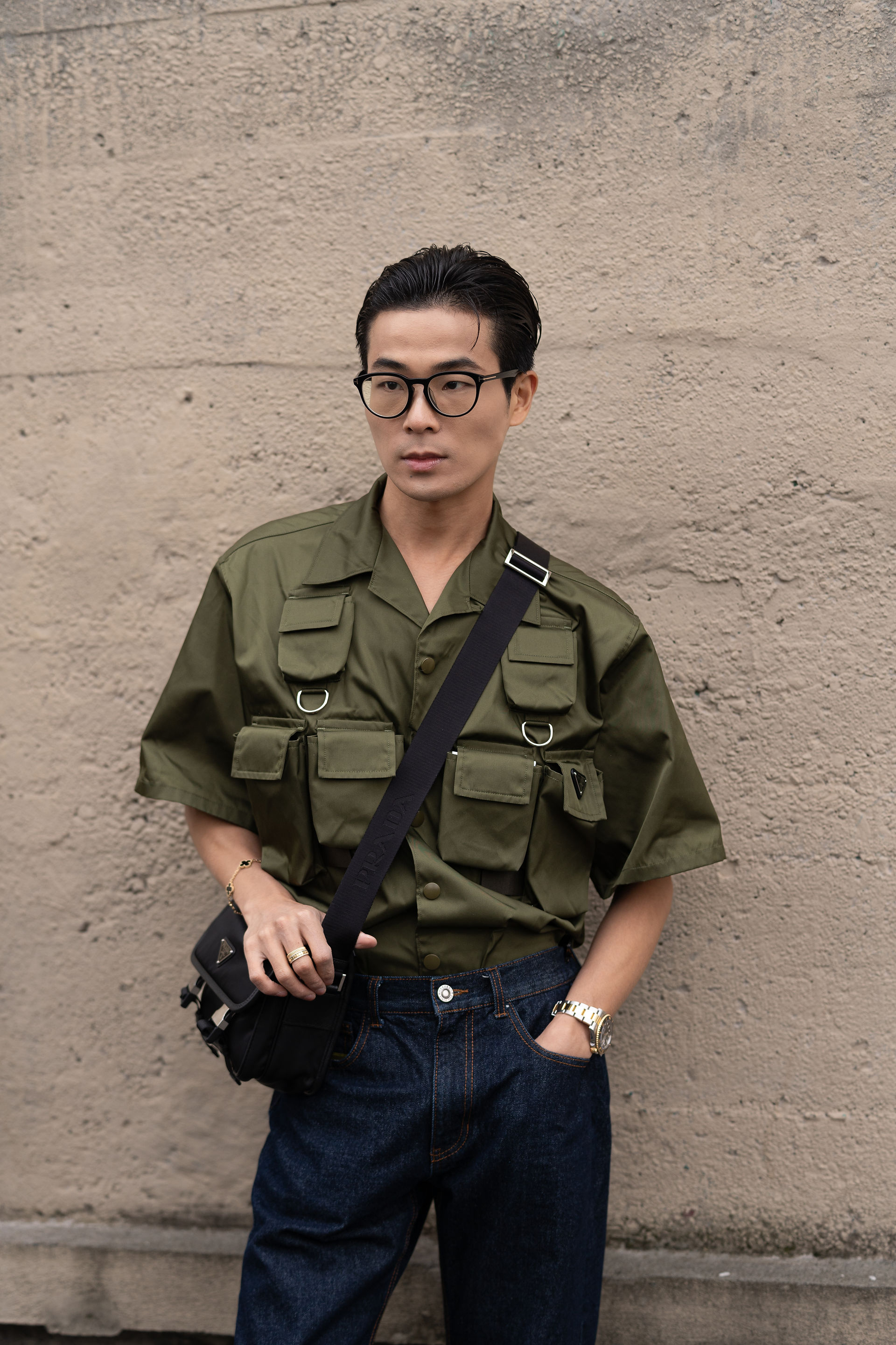 WeiRan Ji, , Photographed by Riccardo Perdisa, outside Prada, Men's Fashion Week Milan Fall/Winter 2024/2025