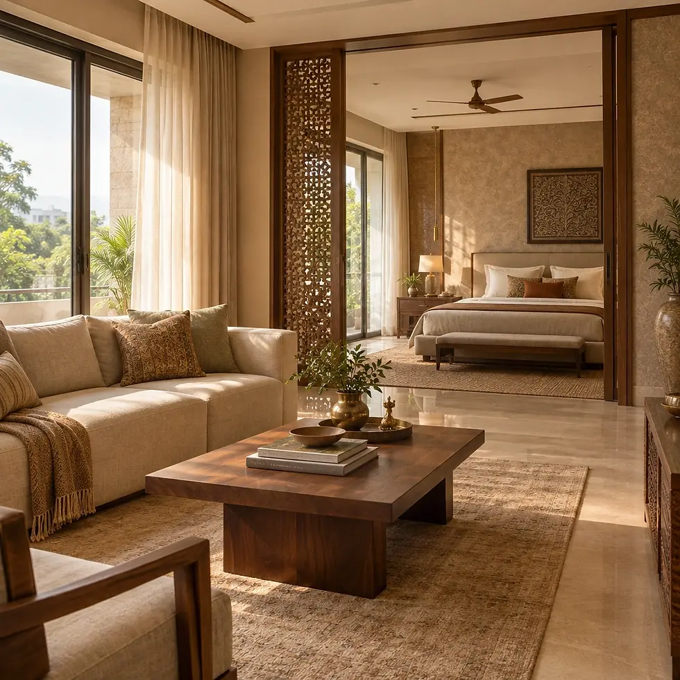 Interior design photography of a luxury living room seamlessly connecting to a bedroom. Warm, natural light creates an inviting and serene atmosphere.