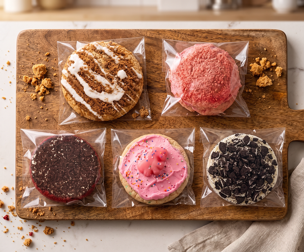 Top-down photo of five individually wrapped cookies on a wooden board, warm bakery tones, landscape.