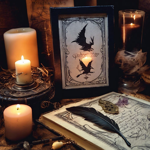 a signed book of shadows and a single ink feather on a witch's desk next to lit candles.jp
