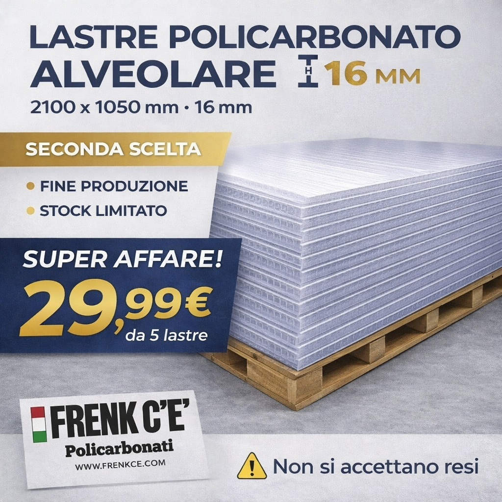 LASTRA POLICARBONATO TRASPARENTE ALVEOLARE 16 mm- 2ª SCELTA - 2100 X 1050 mm