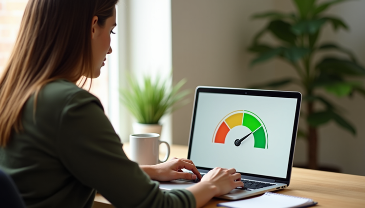 Eye-level view of a person sitting at a home desk looking relaxed while checking a credit score gauge on a laptop, natural window light from the left, coffee mug and notepad on the desk, warm neutral colors with green accents