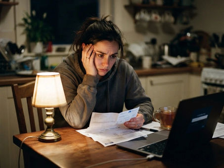 Person reviewing a credit card statement and laptop at night, worried about a credit report error