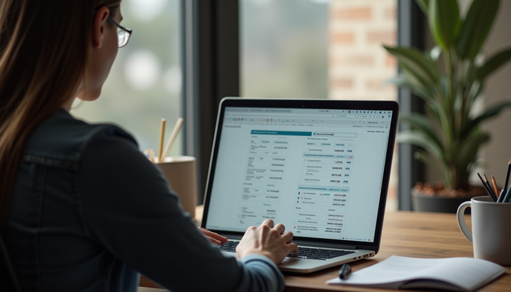 Eye-level view of a person reviewing credit reports on a laptop at a home desk