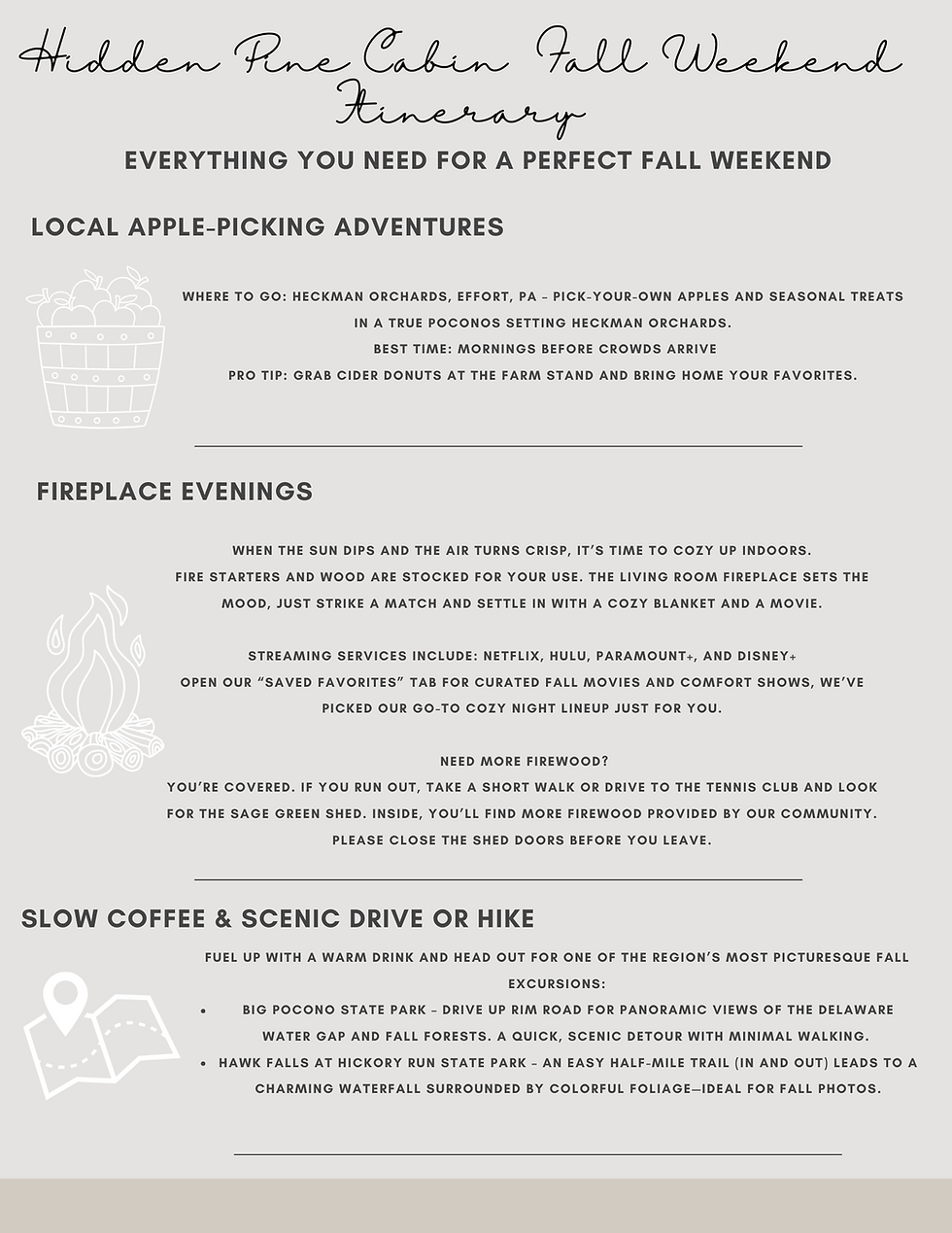 A simple, seasonally inspired one-page insert can elevate your guidebook in seconds. Your aren't just showcasing the cozy features like the fireplace or streaming services, you want to help guests enjoy them with ease. From where to find extra firewood to our favorite fall movies, this guide delivers the details they didn’t know they needed, all in one beautiful page.