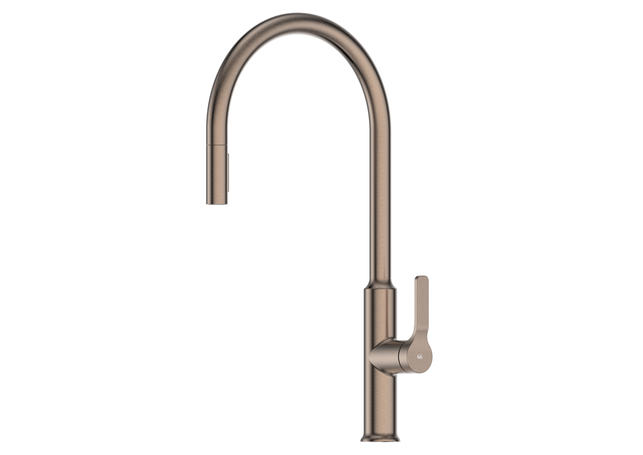 Rose gold gooseneck kitchen faucet with single lever handle.