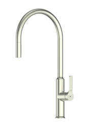 Modern silver kitchen faucet with high arc spout and single lever handle.