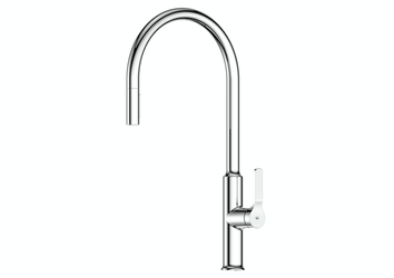 Chrome gooseneck kitchen faucet with single handle on white background.