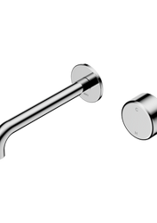 Modern chrome wall-mounted faucet with separate control knob on black background.