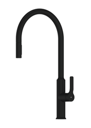 Black gooseneck kitchen faucet with single lever handle for modern kitchens.