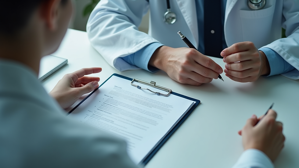High angle view of a person reviewing medical documents at a desk