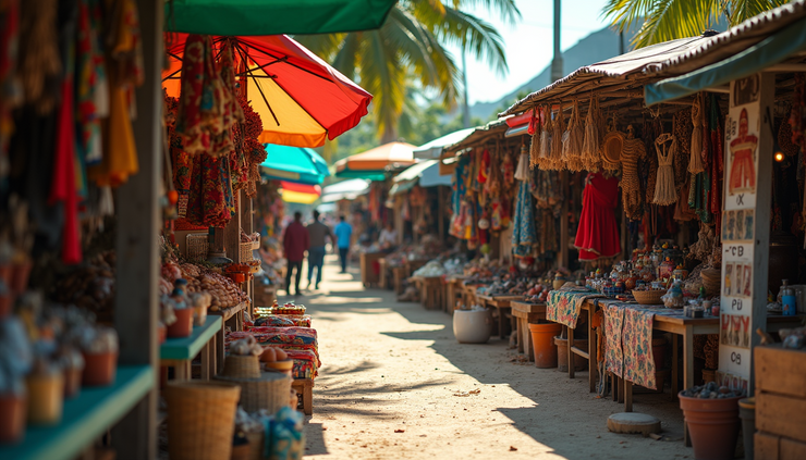 High angle view of colorful market stalls at Falmouth cruise port