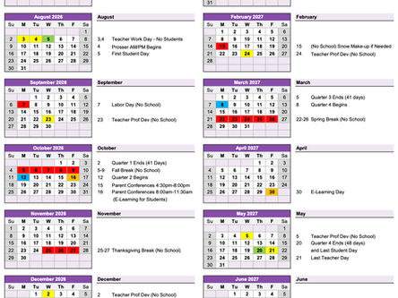 East Washington Schools 2026–27 calendar