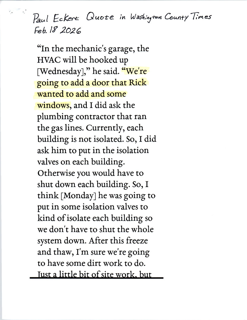 Typed quote by Paul Eckert in Washington County Times, Feb 18, 2026, discussing HVAC, door and window additions, and plumbing work.