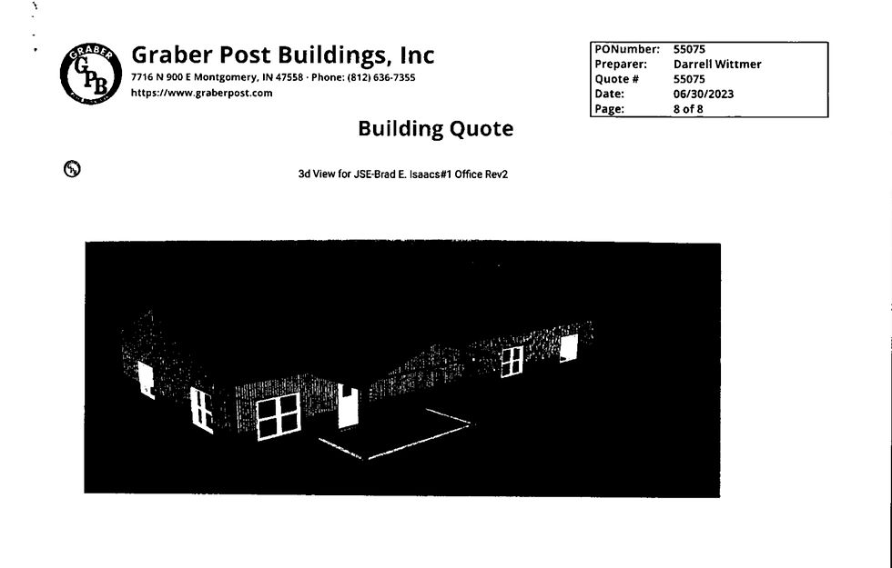 Building quote by Graber Post Buildings, Inc. Features a 3D view of a structure. Includes company details and quote specifics.