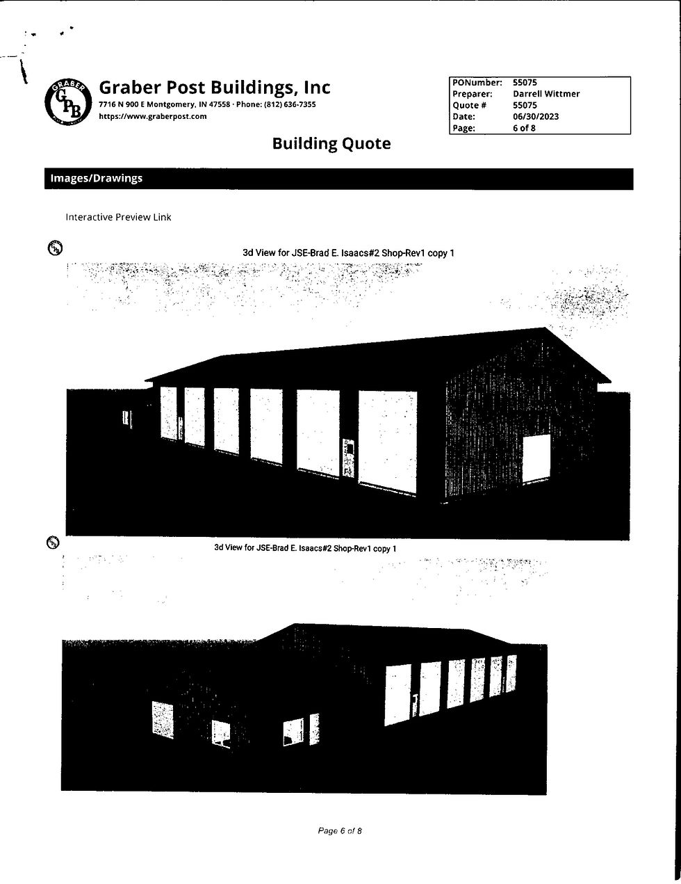 Graber Post Buildings quote page with two 3D views of a building. Black and white renderings show a large structure with multiple windows.