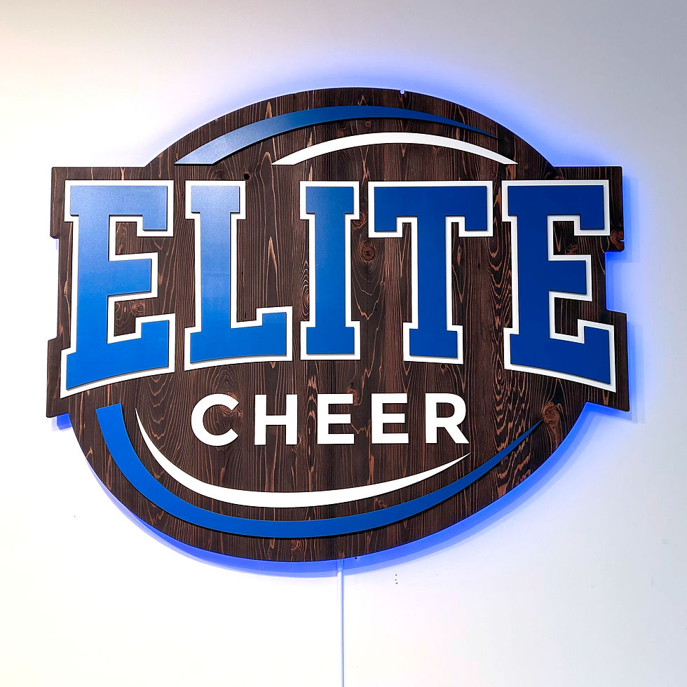 Elite Cheer . Ebony washed cedar with painted acrylic letters and LED backlit