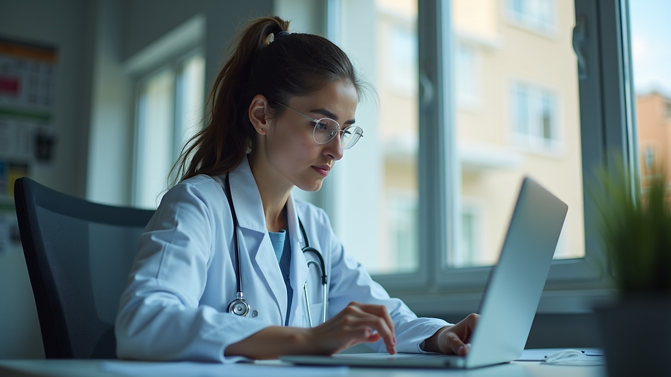 Eye-level view of a healthcare professional studying online