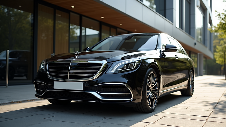 Close-up view of a luxury black sedan parked outside a modern building