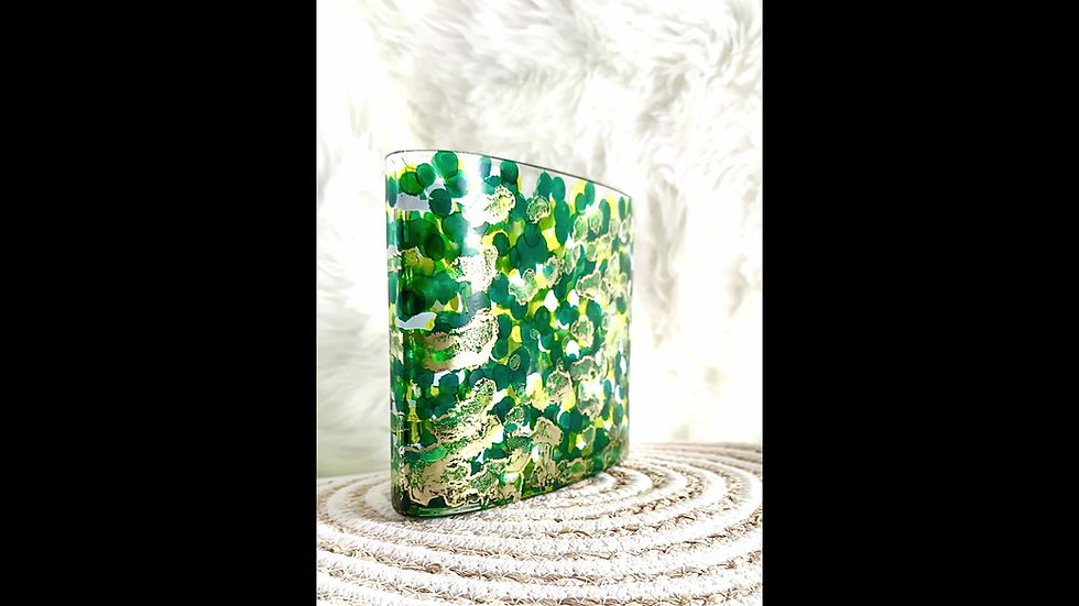 Thumbnail: Emerald Green and Gold Oval Glass Vase, Colorful Abstract Decor Vase for Flowers