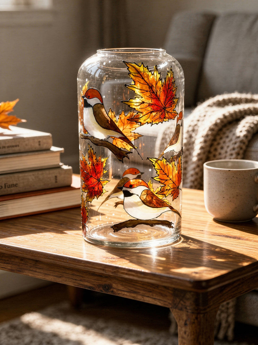 Thumbnail: hand painted glass vase featuring vibrant maple leaves and a charming woodland bird design