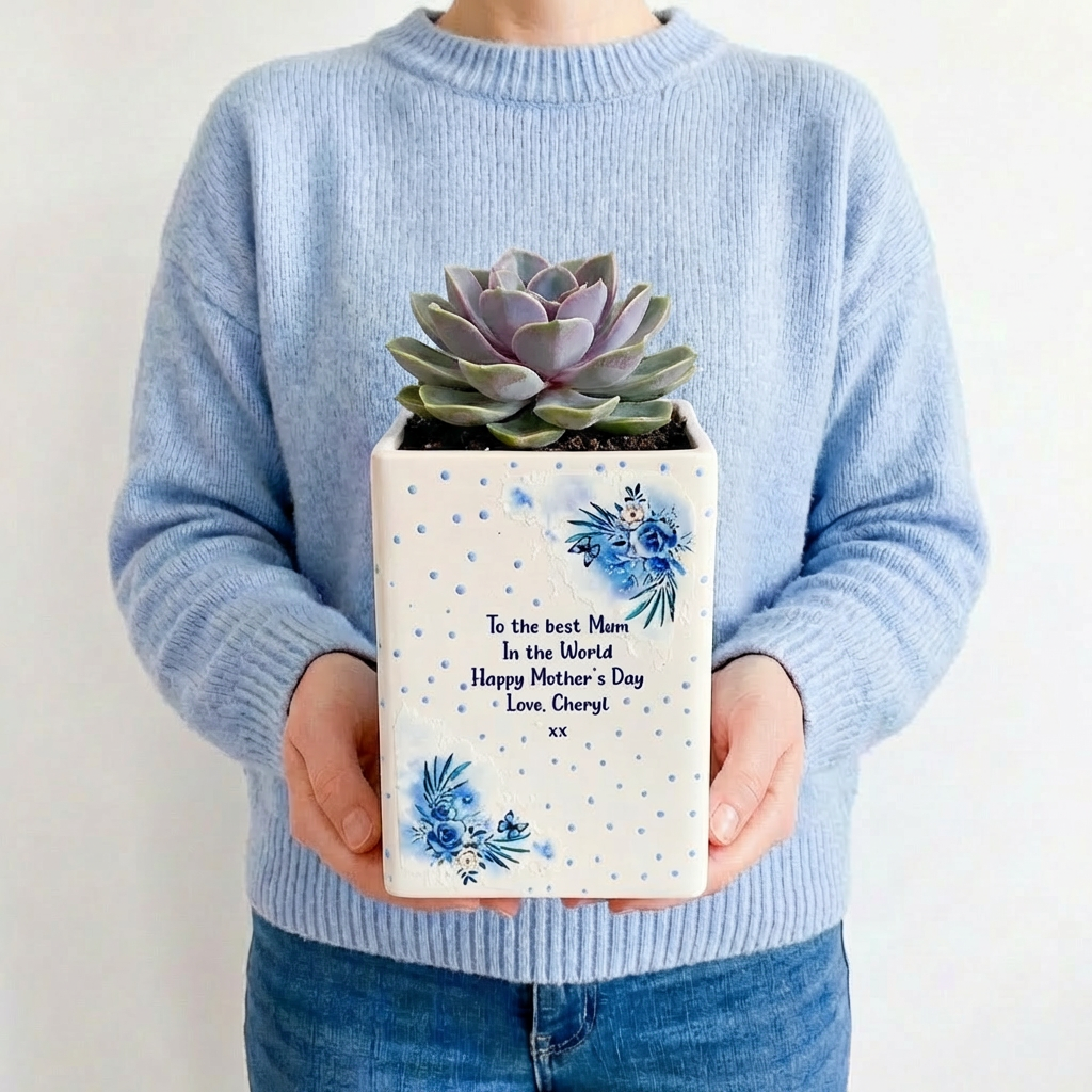 personalised gift large ceramic plant pot with blue flowers and butterflies