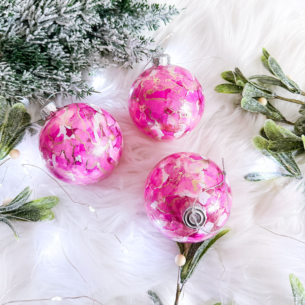 Thumbnail: Pink and gold glass Christmas baubles in set of 3, Hand painted