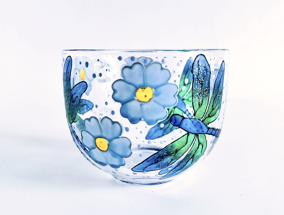 Thumbnail: Hand Painted colourful personalised Dragonfly glass coffee mug in gradient blue and green colour